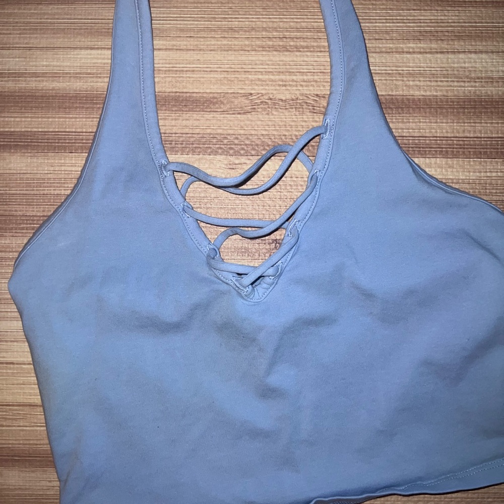 Blue cropped halter, with cross-cross detail
